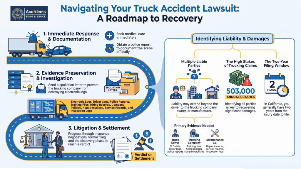 Infographic showing the three stages of a truck accident lawsuit: immediate response and documentation, evidence preservation and investigation, then litigation and settlement, alongside a panel on identifying liable parties and California's two-year filing window