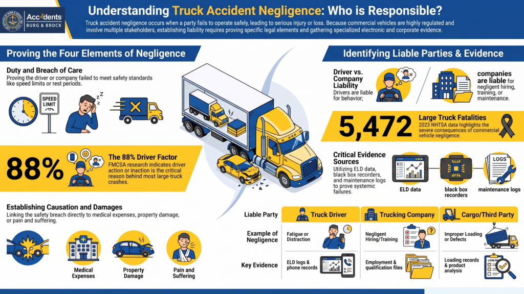 Infographic on truck accident negligence: the four elements of a claim, who can be liable, and the evidence used to prove it