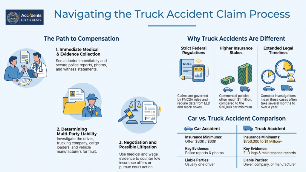 Navigating the truck accident claim process Infographic on navigating the truck accident claim process, showing the three steps to compensation, why truck claims differ from car claims, and a car versus truck comparison of insurance minimums, key evidence and liable parties