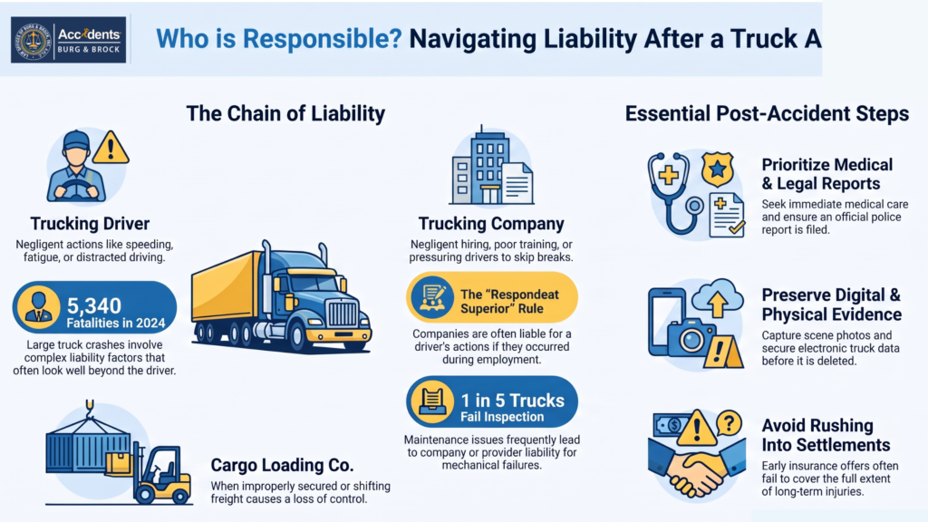 Infographic on truck accident liability: the driver, the trucking company and the cargo loader, plus steps to take after a crash